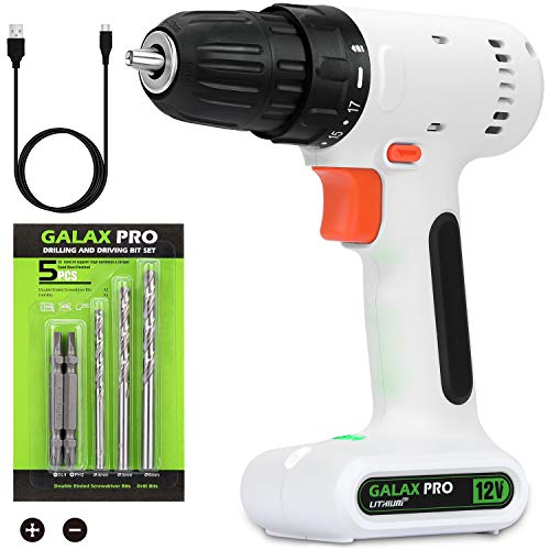 GALAX PRO 12V Lightweight Cordless Rechargeable Drill Driver, 3/8 Inch Keyless Chuck, 18 Torque Setting, With A USB Charging Cable,2 Screwdriver Bits and 3 Drill Bits (GP95610)