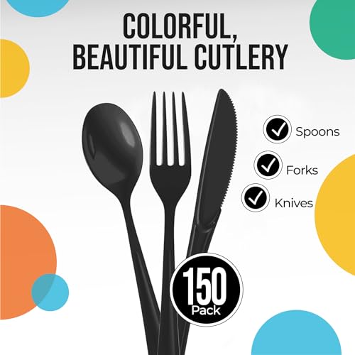 Party Solids Black Plastic Silverware Heavy Duty 150 Pieces Black Plastic Cutlery Sets, Utensil Sets, 50 Of Each Forks, Knives & Spoons Disposable Cutlery Set, Flatware Set For Party Supplies - Image 3
