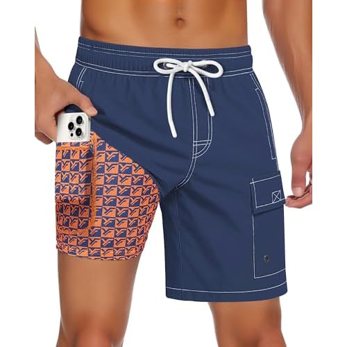 Men Swim Trunks with Compression Liner Quick Dry Breathable Multi Pockets for Summer Beach Cruise Water Park Small Camel Khaki