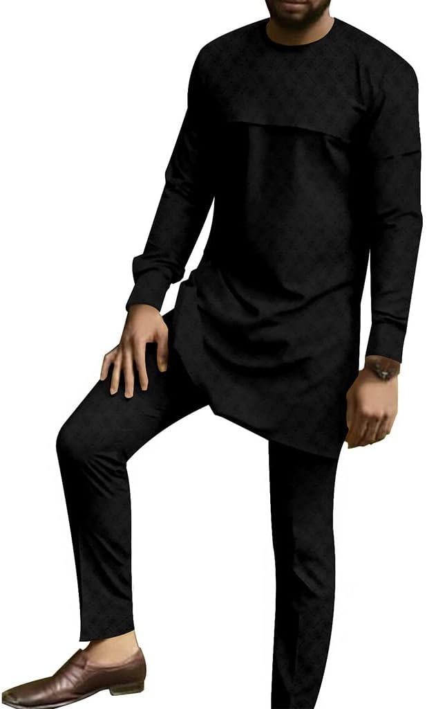 YANKIA Men `s Shirts and Pant 2 Piece Set African Dashiki Outfits Wedding Suits Wear Formal Long Sleeve Ethnic Clothing (Color : Black, Size : 4X-Large)