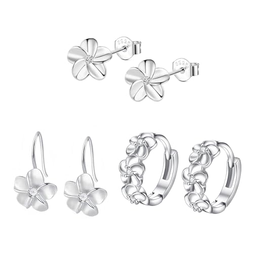 Hinvan Lots de 3 Paires Boucles d’oreilles Argent 925 pour Femme Fille Hypoallergéniques Pendantes Anneaux Boucles d’oreilles Fleur avec Oxyde de...