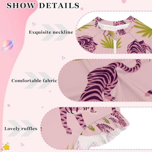 susiyo Pink Tigers and Tropical Leaves Girls One Piece Swimsuits Long Sleeve Bathing Suits Cute Ruffle Swimwear 3-12Y4