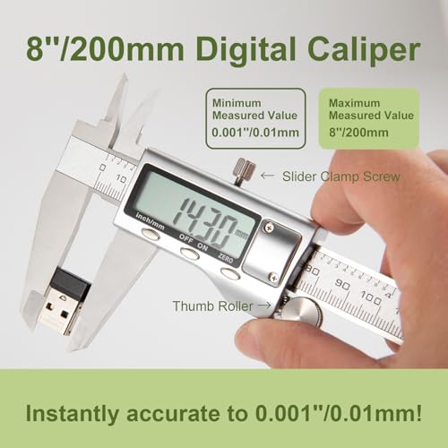 Outil de mesure numérique tout-métal 0-8"/200mm, Étalonnage de micromètre avec fonction d'arrêt automatique, interchangeable entre pouces et millimètres pour le bricolage/maison et 3D Impression
