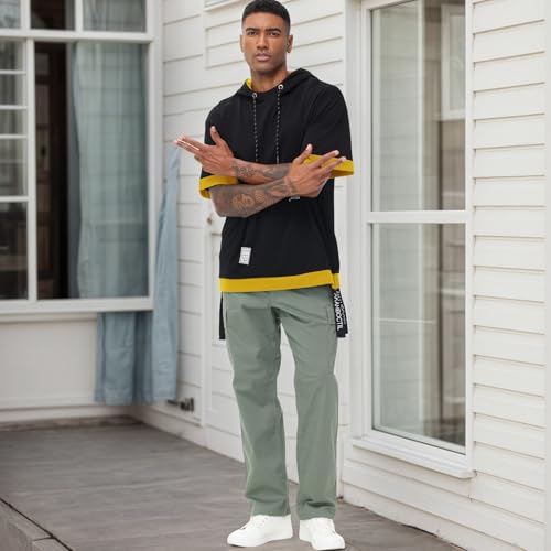 Mens Short Sleeve Hoodie Soft Cotton Color Block Moisture Wicking Big Pocket Hip Hop T-Shirt Hoodie Sports4