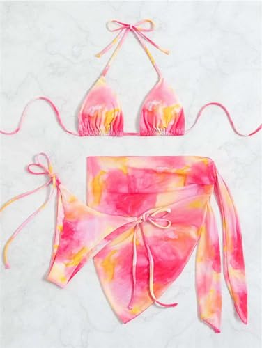Maillot de bain triangle avec jupe de plage rose pour masquer les hanches