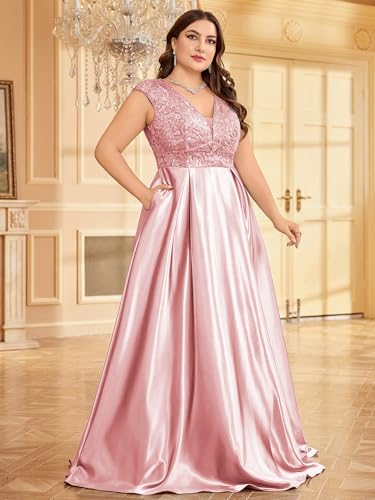 Image of Plus Size Satin Mother of the Bride Formal Gown for Wedding Sleeveless V-Neck Evening Dress