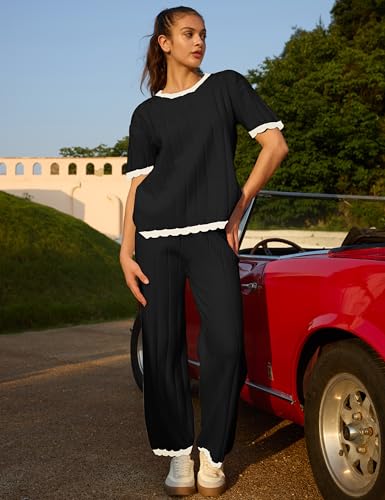 Image of Lumister Two Piece Sets for Women Sweater Sets Short Sleeve Knit Pullover Tops Wide Leg Pants Lounge Sets