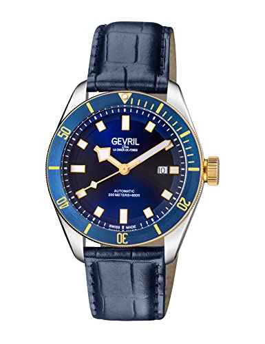 Gevril 48604-4 Men's Yorkville Swiss Automatic Watch, Genuine Leather Italian Blue Strap with Tang Buckle