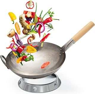 Flavemotion wok + pierścień wok do kuchenki gazowej, grilla (30 cm, okrągłe dno) ręcznie młotkowany ze stali węglowej z drewnianym uchwytem, w tym pierścieniem wok do przechowywania