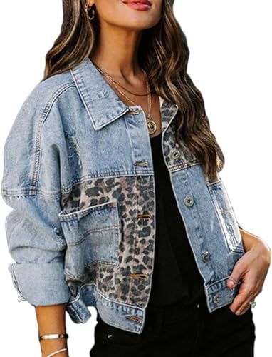 Women's Distressed Washed Leopard Denim Jean Jacket Button Down Long Sleeve Ripped Cheetah Jean Coat3