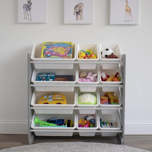 Image of Snazzy Engineered Wood 4-Tier Toy Storage Organizer with 12 Bins Grey /White