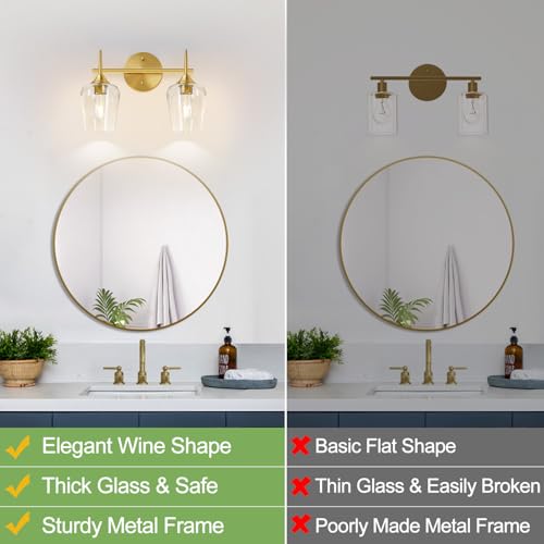 Image of MOKATNG 2-Light Bathroom Light Fixtures, Gold Vanity Lights for Bathroom with Clear Glass, Bathroom Lighting Fixtures Over Mirror, Modern Wall lamp for Cabinet Hallway