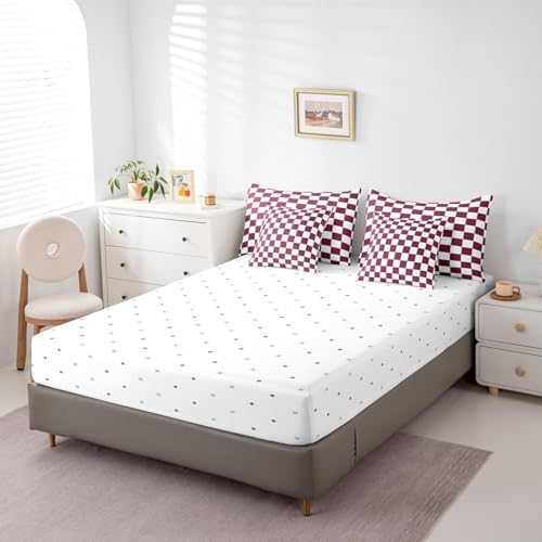 Image of Erosebridal Burgundy Check Plaid Queen Comforter Set with Sheets 7 Piece White Red Checkerboard Bedding Set,Checkered Grid Bed in A Bag for Kids Teen Adults Aesthetic Geometric Bed Set