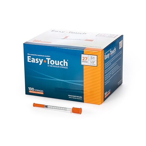 Image of Easy Touch Individually Wrapped 27 Gauge U-100 Insulin Syringes (27G 0.5cc 1 /2 inch) with 1 /2 inch Long Needle, 0.5cc (50 Unit Capacity), Bold Markings for Accurate Dosing, Disposable, Box of 100