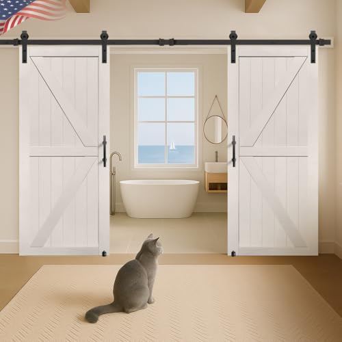 S&Z TOPHAND® 40in x 84in Double Sliding MDF Barn Door with 13FT Sliding Door Hardware Kit, Solid Slab Covered with Water-Proof PVC Surface, Simple DIY Assembly