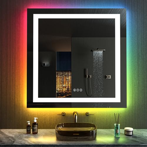 LOAAO 38"X38" LED Bathroom Mirror with Lights, Anti-Fog, Dimmable, RGB Backlit + Front Lighted, Bathroom Vanity Mirror for Wall, Memory Function, Waterproof, Tempered Glass