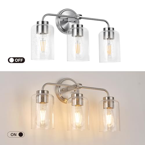 Image of 3-Light Bathroom Light Fixtures, 18 inch Brushed Nickel Vanity Light | Thick Seeded Glass, Bathroom Wall Lamp for Mirror, Rust-Proof, Reversible Up /Down Mount, ETL Certified, E26 Ceramic Sockets