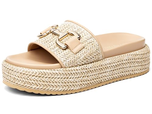 Coutgo Womens Platform Sandals Raffia Espadrilles Metal Chain Slip on Open Toe Cute Beach Slide Sandals