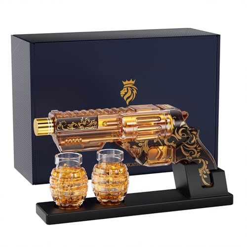 Image of Kollea Black Whiskey Decanter Set with Grenade-Shaped Shot Glasses, Anniversary Birthday Gifts for Men Who Have Everything, Whiskey Gifts for Father, Husband, Boyfriend & Military Enthusiasts