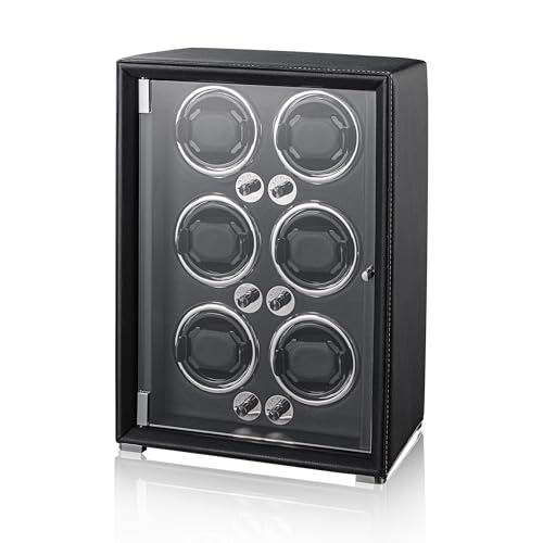 KOHUDIS Watch Winder for 2/4/6/9 Automatic Watches high-end Leather Making Super Quiet Mabuchi Motor Two Power Modes Built-in led Lights (Black 6 Slots)