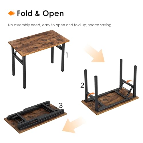Image of Need 35.8 Inch Folding Desk for Small Spaces, Home Office Computer Desk with Wood Top & Black Frame, Foldable Writing Table for Study, Bedroom, Dorm Room & Student, Rustic Brown