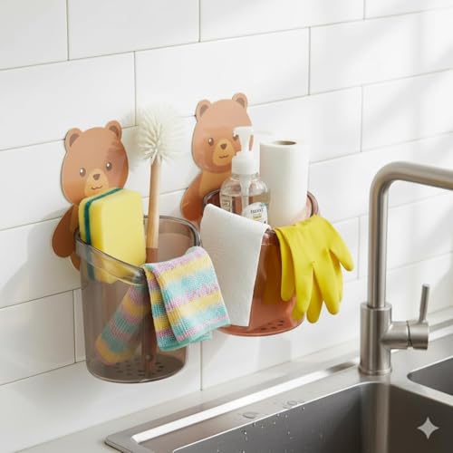 Image of Plastic Wall Mounted Soap Dish Holder with Drainage Slots | Multi-Use Organizer for Toothbrush, Stationery, Cutlery | Self-Adhesive | (White Soap Holder with Grey /Pink Toothbrush Holder)
