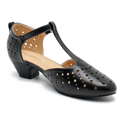 Image of MAIERNISI JESSI Women's T-Strap Mary Jane Pumps, Low Block Heel, Closed Toe, Buckle Ankle Strap