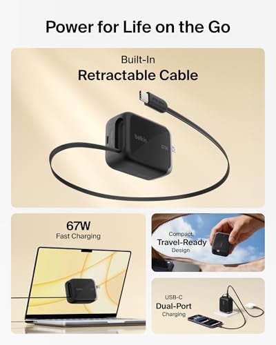 Image of Belkin 67W GaN USB C Retractable Charger Block Fast Charging for Travel