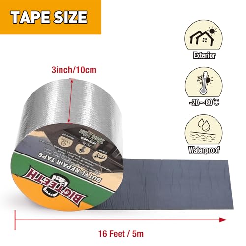 Image of BIGTEETH Aluminum Butyl Waterproof Tape 4 inch x 16 feet | Aluminum Foil Repair Tape for Pipes, Doors, Windows, RV Roofs, Boats, Vents, etc