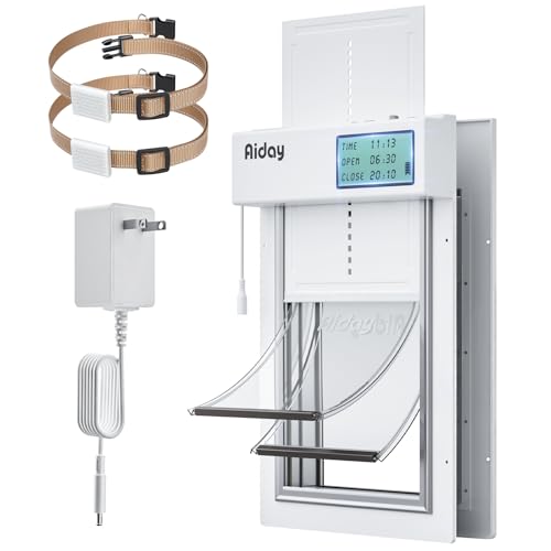 Automatic Dog Door for Door with Collar Sensor, Medium Electronic Dog Door with Anti-Pinch, Mains-Powered, Timing Function, Metal Frame&Panels- M