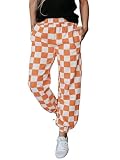 Sunloudy Womens Checkered Cargo Pant Elastic Waisted Color Block Gingham Loose Fitted Jogger Trouser Streetwear (Orange, XL)