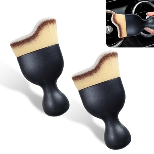 Fluher 2 PCS Car Detailing Brush, 1.77In x 3.85In Soft PP Fiber Curvilinear Brush Accessories, Universal Clean Replacement for Cleaning Conditioner Air Vent Dashboard Engines (Brown & Black & White)