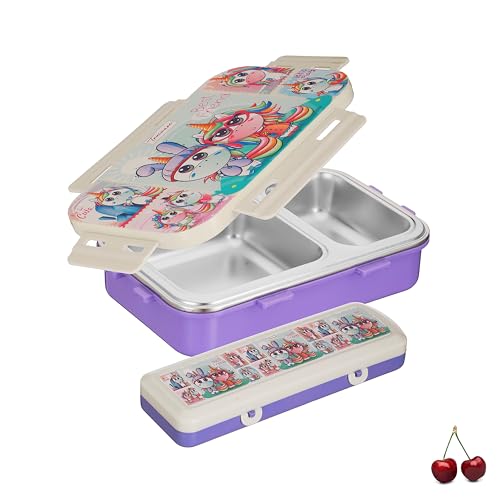 Image of Trueware Pluto Lunch Box 2 Compartment Leak-Proof BPA Free Stainless Steel, Lunch Box for Kids, Lunch Box for School & Office with a Spoon, 580 ML (LBK-Pluto-Purple BAZ)