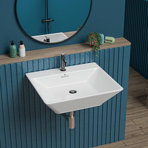 Image of REMOTION Ceramic Wall Hung Corner Wash Basin for Bathroom | Wall Mounted Corner Sink for Small Bathrooms & Powder Rooms | Space-Saving, Durable & Stylish Design (17 x 14.7 x 5 Inch)