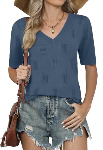 Image of Yincro Womens Short Sleeve Sweaters Fall Summer Tops V Neck Lightweight Knit Pullovers
