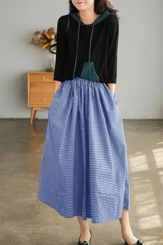 Image of chouyatou Women's Cotton Linen Pants Elastic Waist Plaid Gingham Wide Leg Capri Palazzo Pants