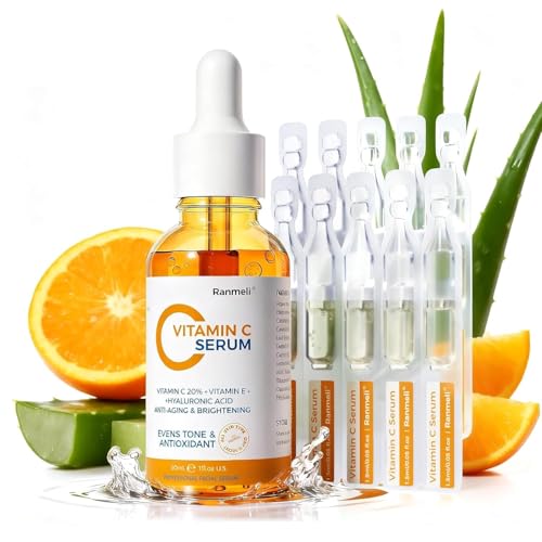 Vitamin C Serum for Face, 20% Natural Vitamin C Facial Serum with Sodium Hyaluronate,Vitamin E,Anti Aging & Wrinkle Skin Face Serum for Dark Spots,All Type Skin Care 1 fl.oz+ 0.05 fl.oz x 10e
