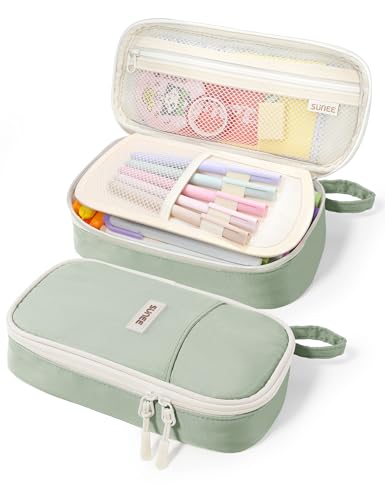 Sunee Large Capacity Pencil Case With Compartments And Handle, Aesthetic Pen Pouch Organizer, Big Storage Portable Pencil Bag For Girls, Boys, Adults, School And Office Stationery Supplies, Green