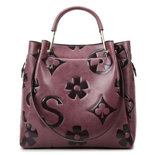 Image of Women's Top Handle Handbags Leather Tote Bag for Women Trendy Bucket Bag Floral Embossed Shoulder Satchel Purses