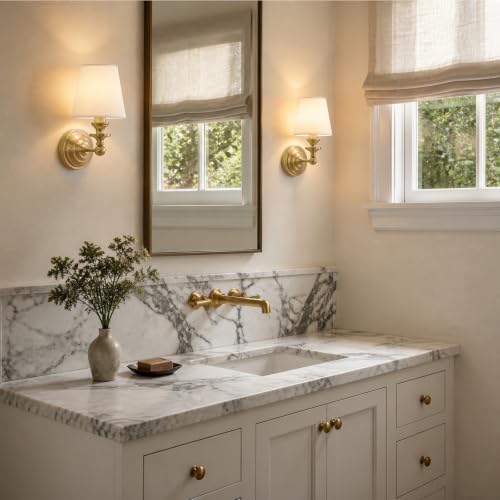 Image of Antique Linen Shade Wall Sconce- Brass Finish Base and Conical Fabric Shade Wall Light Fixture for Bathroom, Bedroom, Dining Room and Entryway(6.5 inch D x 11.5 inch H Brass)