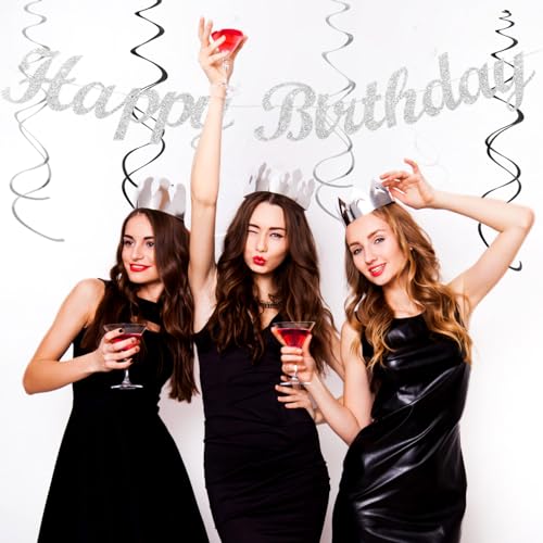 Image of Black White Silver Birthday Party-decorations - 21pcs Boys Men Happy Banner,Paper Streamers Lanterns Honeycomb,Tissue Pom Poms Fan,Adult Supplies Decor 16th 20th 40th 45th 50th 60th Huglony