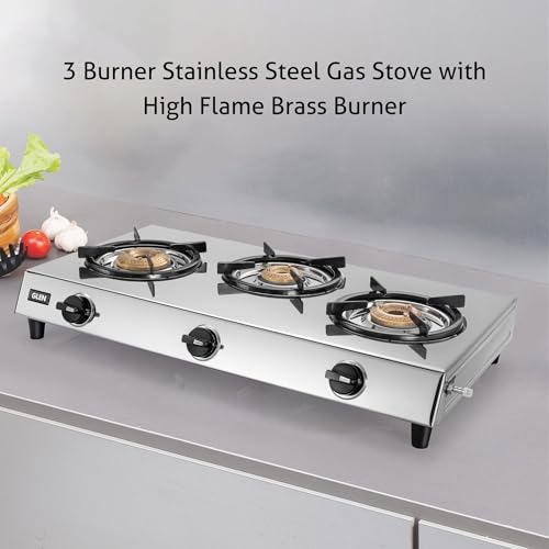 Image of Glen 3 Burner Stainless Steel LPG Gas Stove with 1 Jumbo Brass Burner | ISI Certified | Manual Ignition | Heavy Duty Pan Support | 2 Year Standard Warranty | 1031XLHF