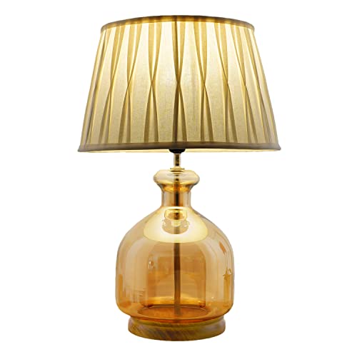 Image of Alper Mini Amber Luster Glass Table Lamp with White Cotton Shade | Modern Designer Bedside & Living Room Decorative Table Light (Bulb Included)