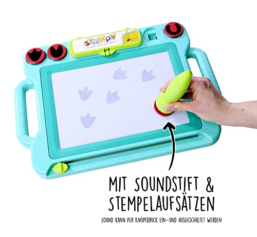 Simba 106334629 - Stampy Maltafel für Kinder, 41x29cm, magnetische Zaubertafel mit Sound-Stift, 4 Tierstempel mit Geräusch, Magnet-Stempeln, 3 Lernkarten, Magnettafel für Mädchen und Jungen ab 3 Jahre