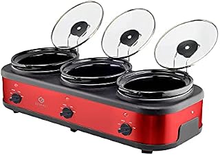 Gourmet Triple Slow Cooker Red 1.5L Multi-functional Food Warmer, Buffet Server & Bain Marie Multicooker with 3 Large 1.5 Litre Stoneware Pots with lids & 3 Heat Settings