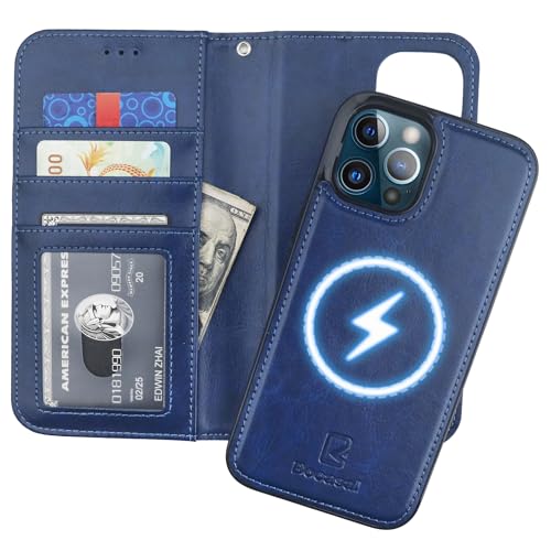 Bocasal for iPhone 12 Pro Max Wallet Case Compatible with MagSafe Wireless Charging, RFID Blocking Magnetic Leather Case with Card Slots Holder Kickstand Detachable Wrist Strap 6.7 Inch (Blue)