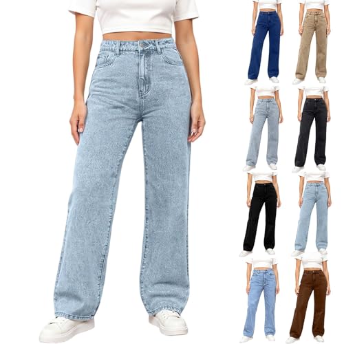 High Waisted Jeans for Women Stretchy Casual Baggy Straight Leg Jeans Fall Fashion Button Fly Denim Pants with Pocket