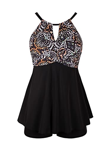 JINXUEER Women's Plus Size Two Pieces Swimwsuit High Neck Flowy Swimwear Modest Tankini Top Bathing Suits with Boyshort