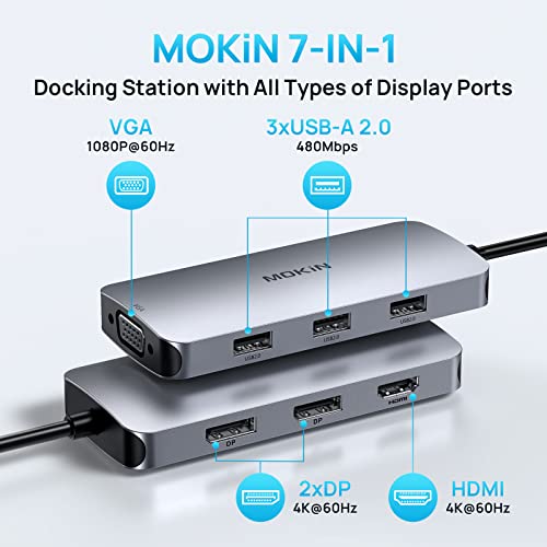 Usb C Docking Station Dual Displayport,7 In 1 Laptop Docking Station 3 Monitors With 2 Dp, Hdmi, Vga,3 Usb A 2.0,Mokin Usb C Hub Multiport Adapter For Macbook/Dell/Hp/Lenovo #TOP1