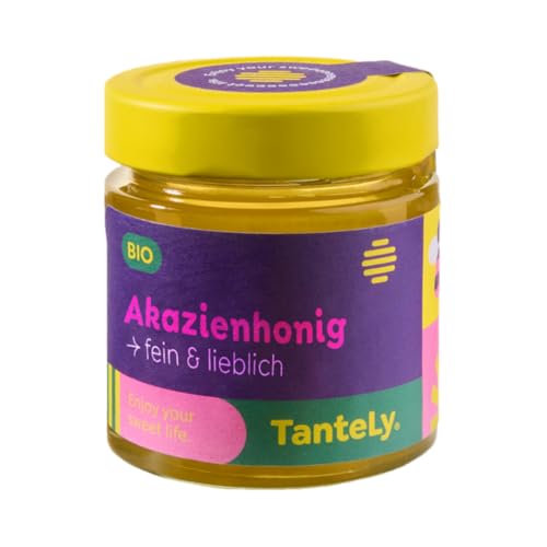 TanteLy Miel de acacia orgánica en tarro de cristal, 1 x 250 g, encantadora, fina floral, de acacia simulada, sabor suave, especialmente popular entre los niños